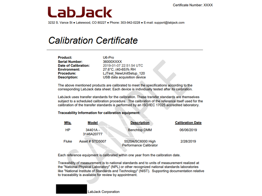 Certificato di taratura disponibile per prodotti Labjack